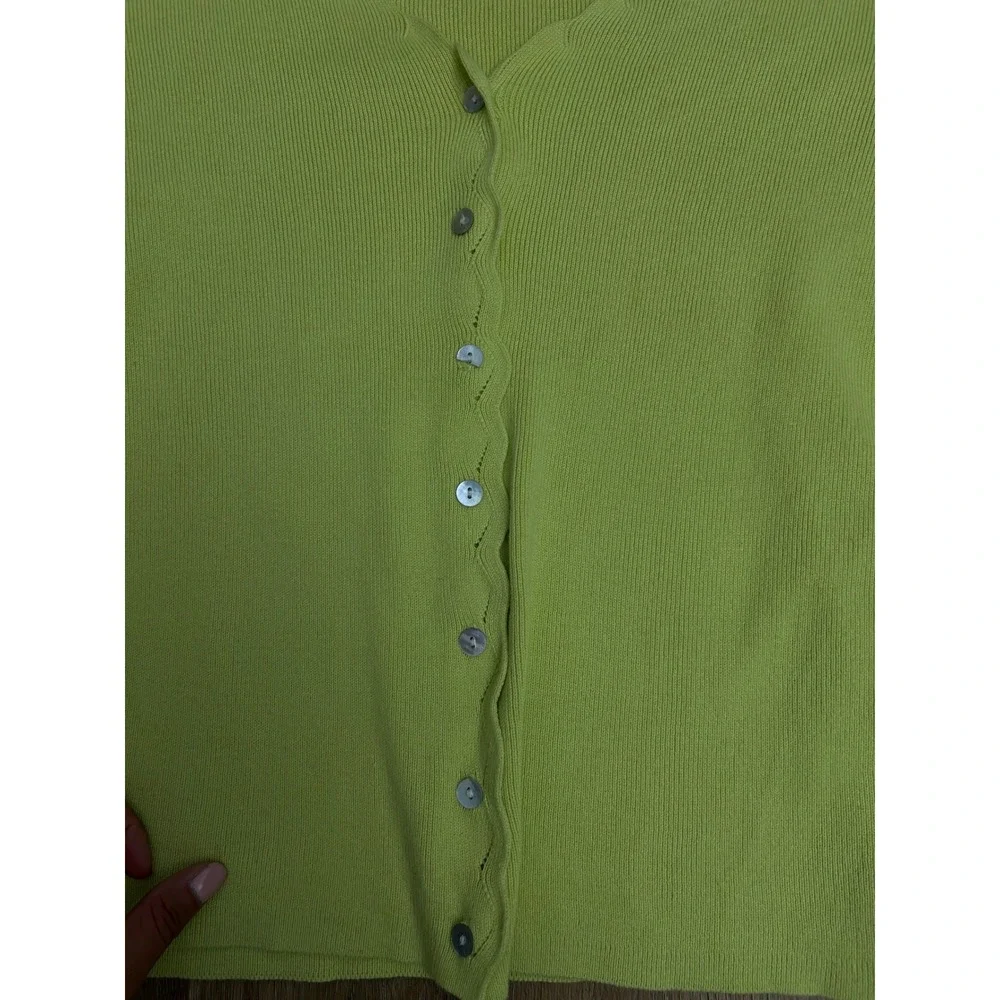 Citrine Yellow Green Scalloped Ribbed Cotton Cardigan Medium Coastal preppy - Picture 4 of 6